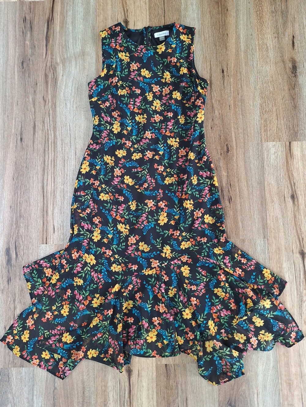 Calvin Klein Floral Print Trumpet Mermaid Dress 4 Ruffled Maxi Sleeveless Peplum